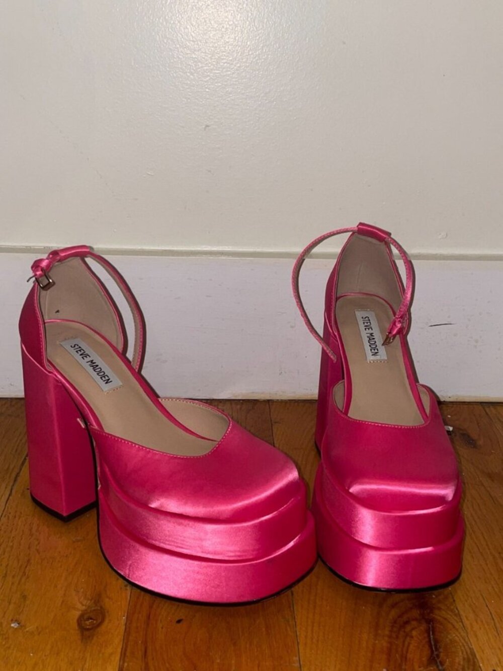 Charlize Pink Satin Double Platform Ankle Strap Pumps